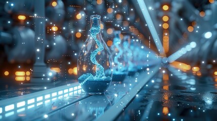 Poster - Futuristic chemistry lab with holographic displays of molecular structures and DNA strands floating in the air. Generative AI.