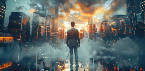 Aufkleber - Double exposure of abstract city background with business graph, Business man on future network city. Generative AI.