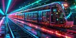 A train passes through a tunnel illuminated by vibrant neon lights