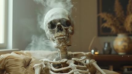 A skeleton sitting on a couch with smoke coming out of it, AI