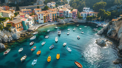 Sticker - An aerial view of a scenic coastal town with colorful boats bobbing in the harbor