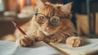 Katze liest mit Brille Buch Bücher nachschlagen Grußkarte Vorlage skurrile Tiere mit Stift und Zettel Notizen machen Generative AI