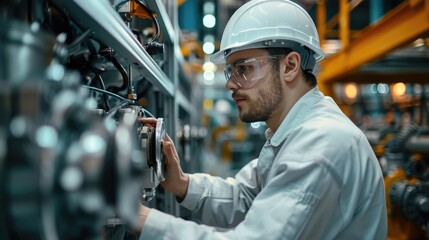 Aufkleber - Engineer inspecting machinery in a manufacturing plant, Industrial setting, Bright and clear lighting, expertise and quality control. Generative AI.