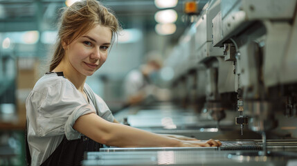 Poster - A woman is working at a CNC machine in the workshop of an aluminium processing company. Generative AI.
