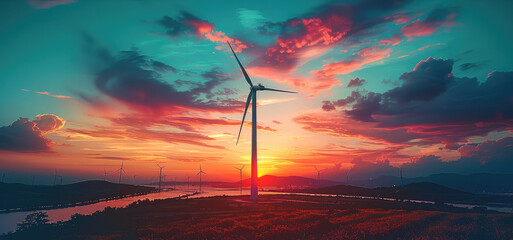 Aufkleber - A single wind turbine silhouetted against a sky painted in the vibrant colors of sunrise. Generative AI.