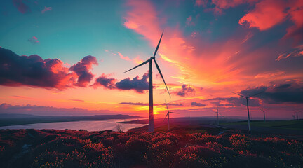 Aufkleber - A single wind turbine silhouetted against a sky painted in the vibrant colors of sunrise. Generative AI.