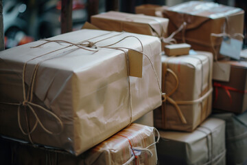 Poster - Packages in a warehouse. Logistics and package delivery. Created with Generative AI technology.