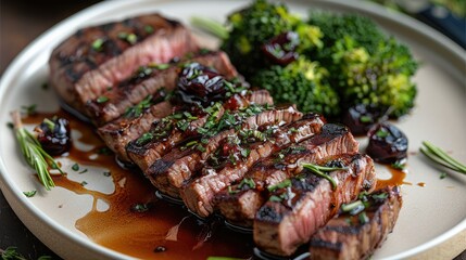 Wall Mural - A sliced beef with a blueberry red wine reduction served with broccoli. Generative AI.