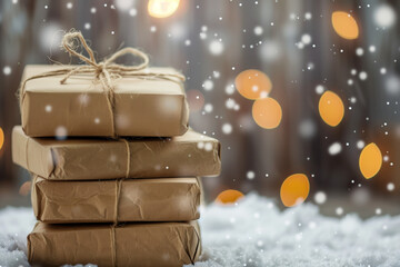 Poster - Stack of packages on a porch in the snow. Package shipment and delivery. Created with Generative AI technology.