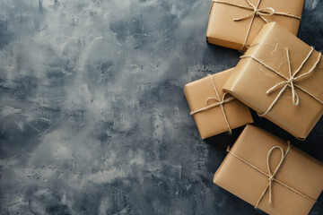 Poster - Stack of packages on a gray background. Package shipment and delivery. Created with Generative AI technology.