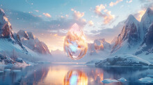 A Large Water Drop Suspended Above The White Lake Reflected A Colorful Light, Sacred Landscape, Spotless And Flawless, Realistic Photography, An Image Of Snow-covered Mountains And Snow-covered Landsc
