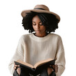 Afro Black Woman’s World Book Day Celebration: Half Body Portrait Reading a Book Mockup, Isolated on Transparent Background, PNG