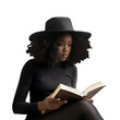 World Book Day Portrait: Half Body Mockup of Afro Black Woman Reading a Book, Isolated on Transparent Background, PNG