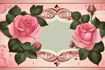 Wall Mural - pink rose frame.   love, floral, pink, heart, vector, card, design, valentine, wedding,Ai generated 