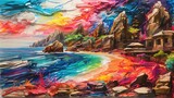 Fototapeta  - abstract landscape sea drawing scrible crayon background illustration