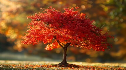 Sticker - Vibrant autumn tree in a serene setting - A vivid red autumn tree stands alone, symbolizing change and the beauty of nature in a peaceful landscape