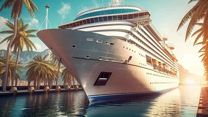 Wall Mural - Luxury cruise ship departing from a tropical port, ai generative