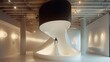Hanging from the ceiling is a black curved box, interspersed with a white beam, with round lights above, a white wedding dress display inside the bottom exhibition area. Generative AI.
