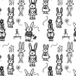 Pattern con coniglietti misti, fumetto nero isolato