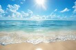 A beautiful sunny beach scene with crystal clear water and soft waves, captured in the style of high resolution photography The sun shines brightly above the horizon against a blue sky filled