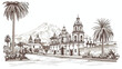 Building view with landmark of Arequipa hand drawn