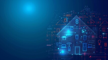 Canvas Print - This is a concept banner depicting smart home technology. The building is a mix of digits and icons of domestic smart devices. IOT concept illustration of intelligent control house on blue