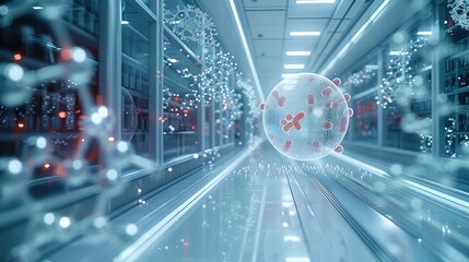 Poster - Futuristic chemistry lab with holographic displays of molecular structures and DNA strands floating in the air. Generative AI.