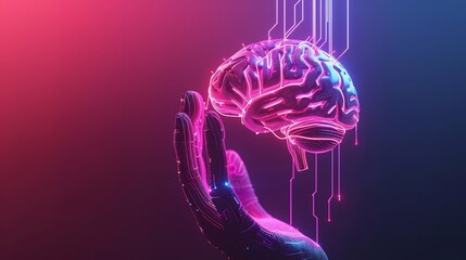 Leinwandbilder - An electronic brain with gyrus and the ai symbol hanging over the hand. Computer neural networks or artificial intelligence in neon cyberspace with glowing title on a scientist's palm.