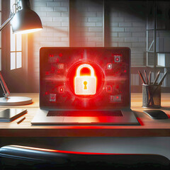 A modern office desk with a laptop, a red glow, and a lock on the screen symbolizing the importance of cyber security and the threat of cyber attacks. 3D illustration - Generative AI