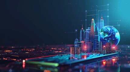 Wall Mural - Using artificial intelligence to control city infrastructure, manage data traffic, and ensure safety. Connecting smart city with planet via mobile internet.