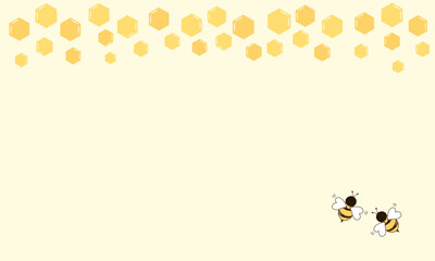 Sticker - Beehive honey sign with hexagon grid cells and bee cartoons on yellow background vector.