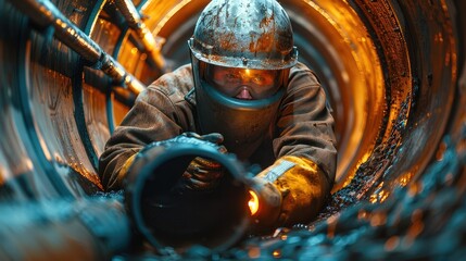 Poster - Welder working in heavy industry, welding inside a pipe. Construction of a natural gas pipeline and fuel pipeline. Future of Clean Green Power and Energy. Generative AI.
