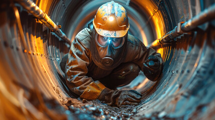 Poster - Welder working in heavy industry, welding inside a pipe. Construction of a natural gas pipeline and fuel pipeline. Future of Clean Green Power and Energy. Generative AI.
