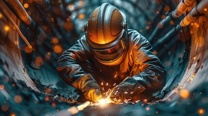 Poster - Welder working in heavy industry, welding inside a pipe. Construction of a natural gas pipeline and fuel pipeline. Future of Clean Green Power and Energy. Generative AI.