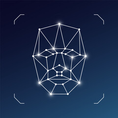 Poster - Face recognition icon. User facial biometric id scan system symbol. Person identification security badge concept. Human head polygon style wireframe. Glowing linear vector eps logo