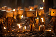 Atmospheric night scene of cardboard robots with flames.