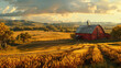 A bucolic farmland scene with golden fields of wheat stretching to the horizon, punctuated by red barns and windmills