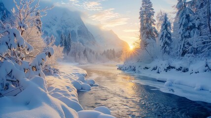 Poster - Serene Winter Landscape with River and Mountains - Majestic winter landscape capturing the tranquil beauty of a river flowing through snowy mountains and frosted trees at dawn