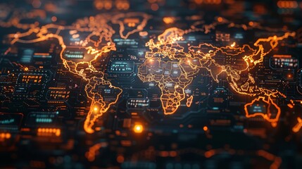 Aufkleber - A futuristic world map with an electronic theme, representing the concept of global networks.