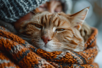 Wall Mural - A loving therapy cat snuggled up with an elderly person, providing warmth and comfort in their golden years. Concept of companionship and solace. Generative Ai.