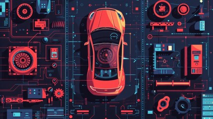 Fototapete - Service car, hardware diagnostics in style HUD. Scanning, test, monitoring, analysis, and verification. Top view of machinery in auto service. Modern illustration.