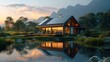 A contemporary eco-friendly house during of dusk, nestled in a verdant meadow with a tranquil pond nearby. The house should boast a steeply sloped roof with solar panels atop it. Generative AI.