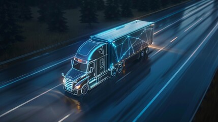 Poster - This futuristic technology concept depicts a semi truck pulling a cargo trailer driving on the road, which has been transformed with special effects and graphics into a digitalized advanced