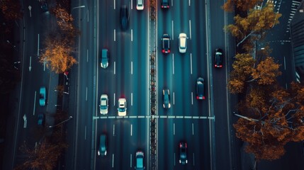 Poster - Drone view of autonomous self-driving car moving through city highway, overtaking cars. Visualization concept: AI sensor scanning road ahead for vehicles, speed limits.