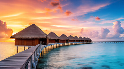 Poster - Beautiful tropical landscape with wooden overwater villas and sunset.