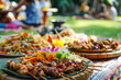 Asian-Themed Picnic Displaying an Array of Traditional Foods in a Park Setting