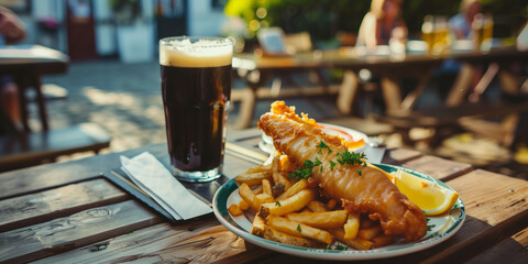 Wall Mural - Delicious fish and chips on wooden table of outdoor cafe in Ireland. Crispy beer battered fish, fresh hot French fries and a glass of dark stout beer. Traditional Irish food.