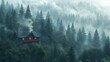A cozy cabin nestled amidst a forest of evergreen trees, smoke curling from the chimney