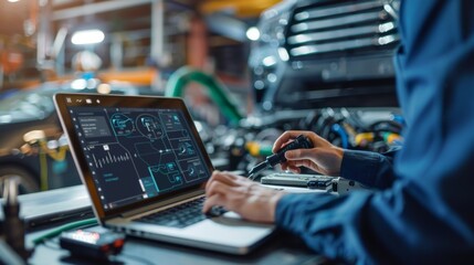 Canvas Print - Car mechanic checking ECU engine system with OBD2 wireless scanning tool and laptop, showing information on screen interface, mechanic working in repair garage, performing maintenance on cars.