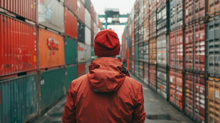 Wall Mural - A man in a red jacket and red hat standing at the container terminal,Logistics, shippin planning employee in an export delivery industry. Industrial workers working with stock or cargo transport